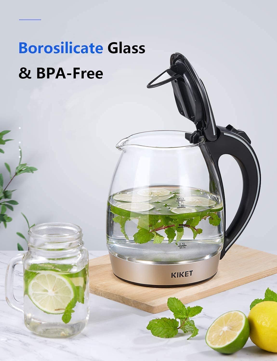 Kettle Glass with Blue LED Lighting, 360 Degrees, Limescale Filter, BPA Free (Bisphenol-A Free), Quick Cook Function and Dry Running Protection, Glass Kettle, 1.7 Litres, 2200 Watts