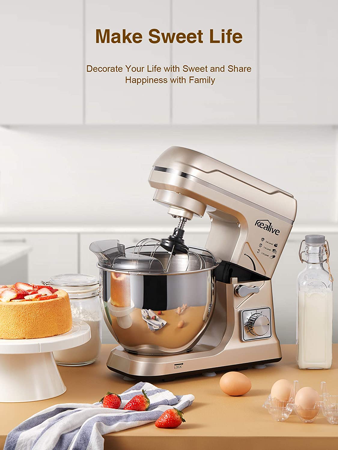 Kealive- Stand Mixer, Electric Food Mixer 5.5QT, 6+P-Speed MK-36X, professional , dessert maker, kitchen equipment 
