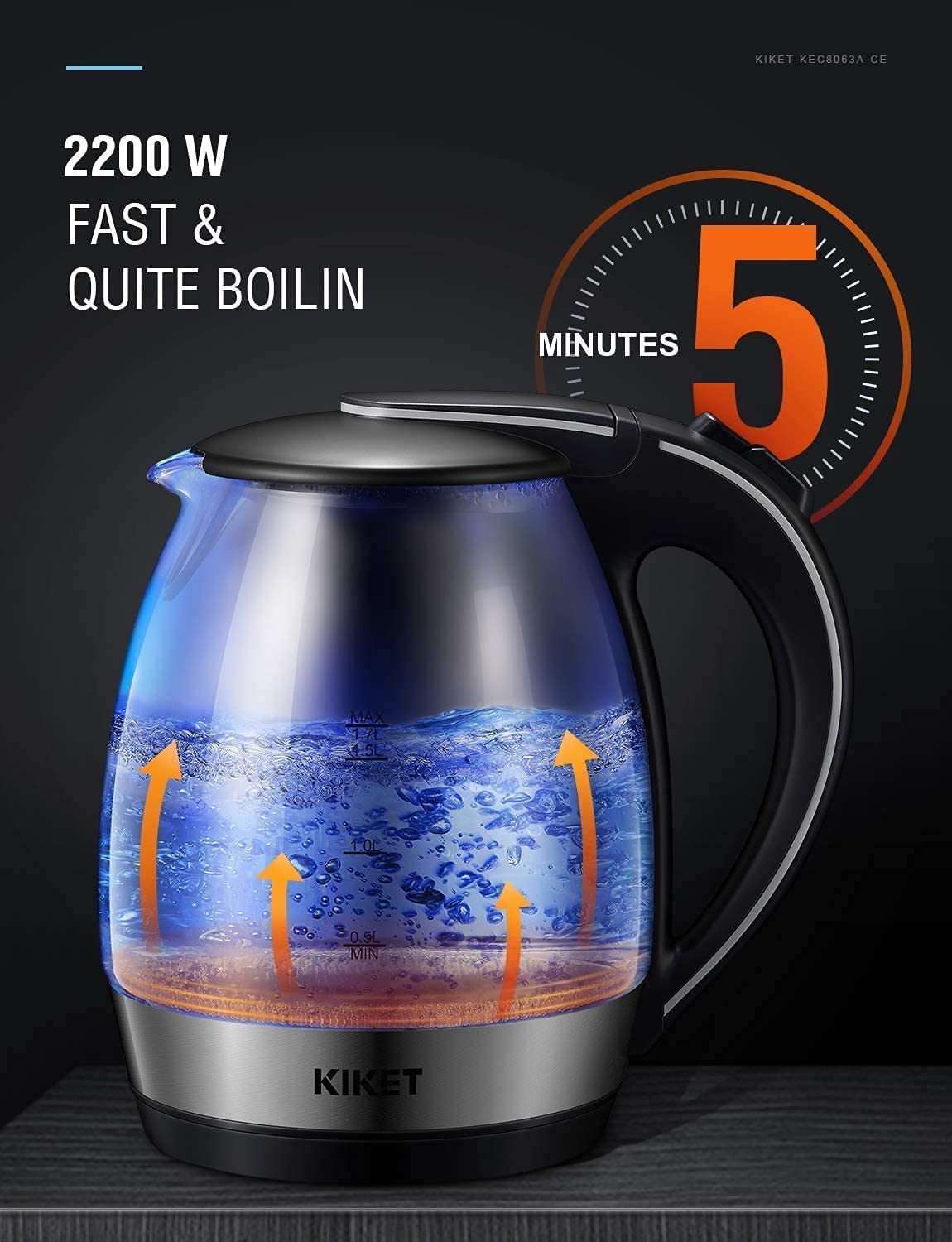 Kettle Glass with Blue LED Lighting, 360 Degrees, Limescale Filter, BPA Free (Bisphenol-A Free), Quick Cook Function and Dry Running Protection, Glass Kettle, 1.7 Litres, 2200 Watts