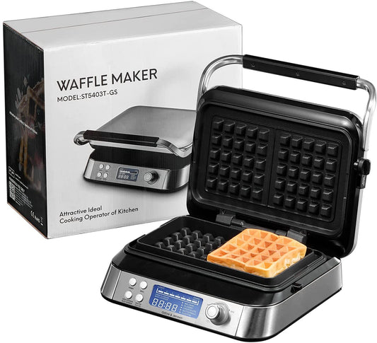 AICOOK | Smart Pro Waffle Iron with LCD Display, 5 Different Programs, 7 Browning Levels, Stainless Steel Easy Clean, Recipe, Silver