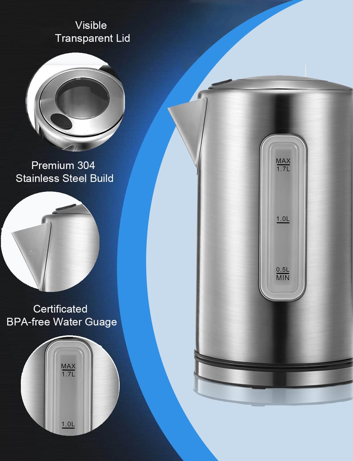 Electric Kettle Temperature Control with Color Changing LED Indicator,Kettle with Auto Shut - Off Protection, Stainless Steel, 1.7L, Easy View windows
