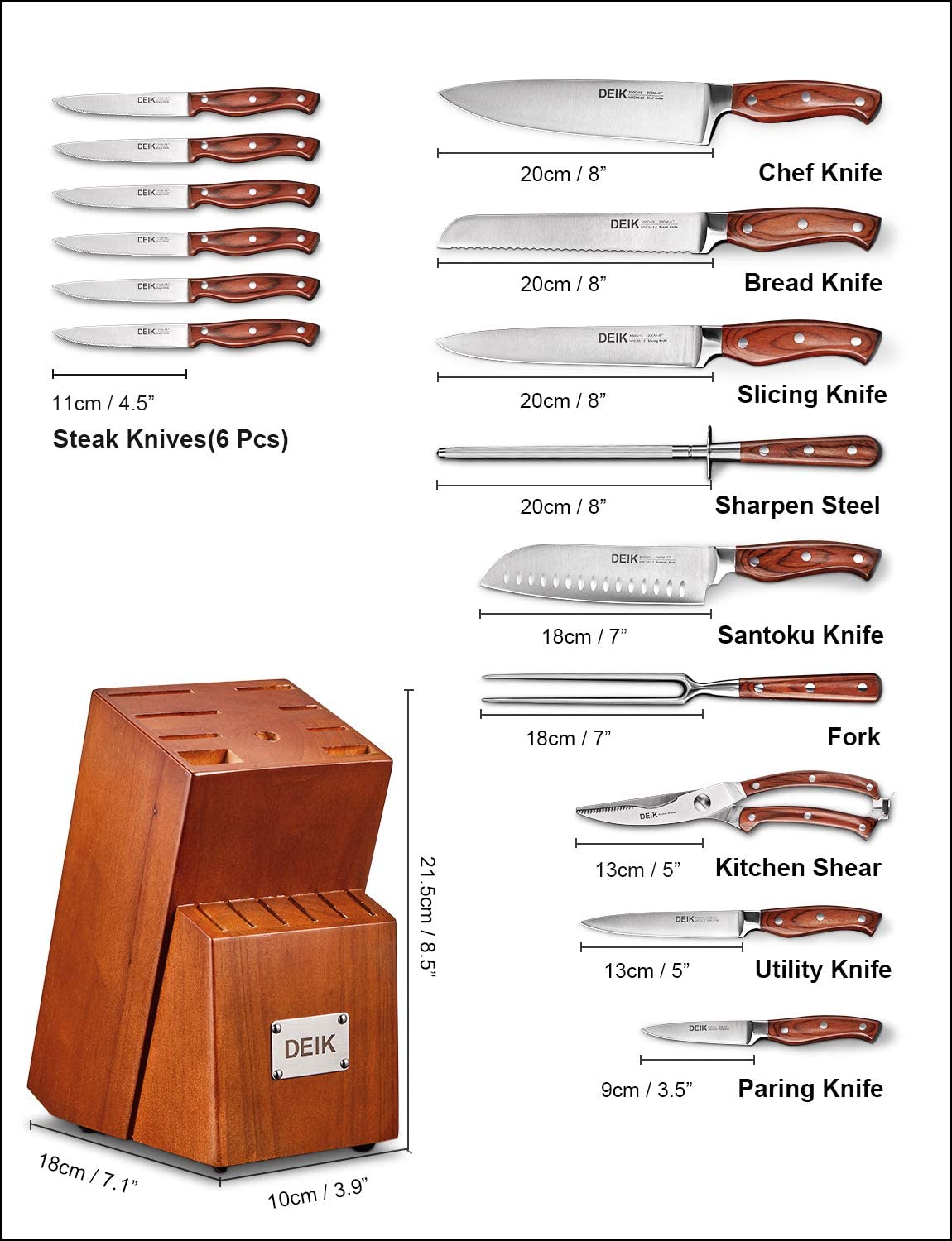 Deik | Knife Set, High Carbon Stainless Steel Kitchen Knife Set 16PCS, Super Sharp Cutlery Knife with Carving Fork and Serrated Steak Knives, Knife Tools Included