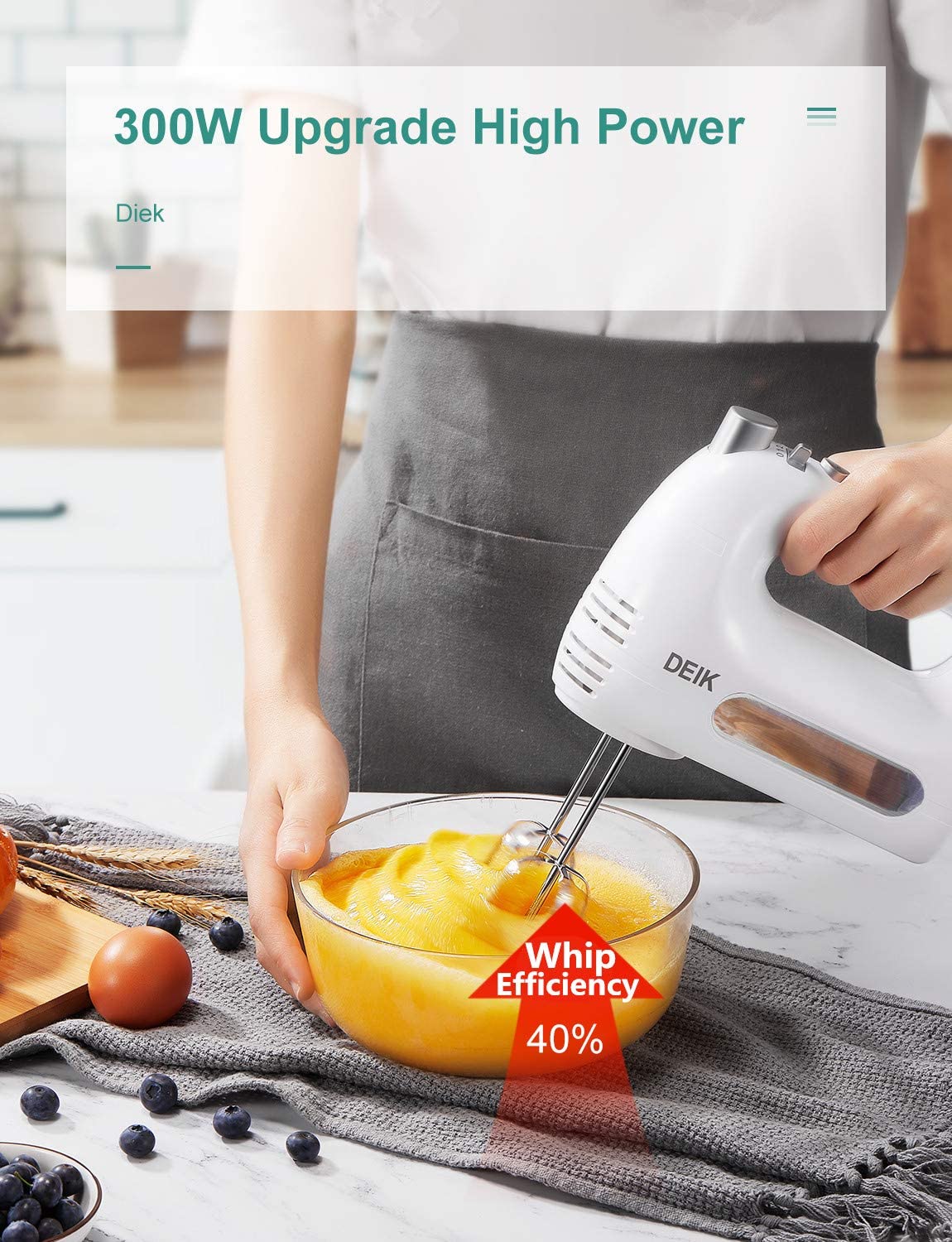 Deik Electric Hand Mixer,6-Speed 250W Hand Mixer Electric – Hand Held Mixer Includes 2 Stainless Steel Beaters and 2 Dough Hooks, Turbo Button, One Button Eject Design, 300w Upgrade High Power, White