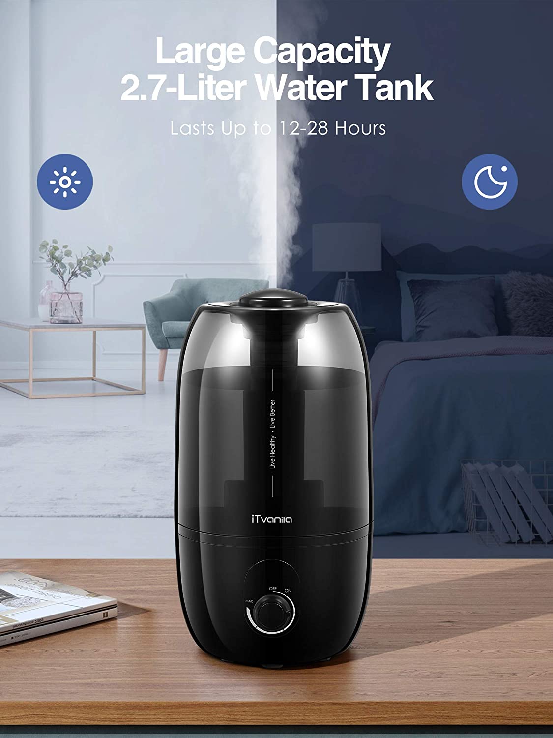 iTvanila -Quiet Humidifier 2.7 L/0.7 Gal Baby Humidifier HU-C1A Black, humidifier 2021, large capacity, baby, elder, pet humidifier