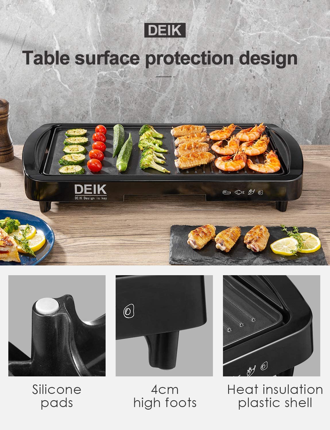 Deik | Electric Griddle, Nonstick 1600W Pancake Griddle, Smokeless Coated Griddle Pan with 5-Level Control with Adjustable Temperature & Oil Drip Tray, Table Surface Protection Design, 11" x 21", Family Sized, Black