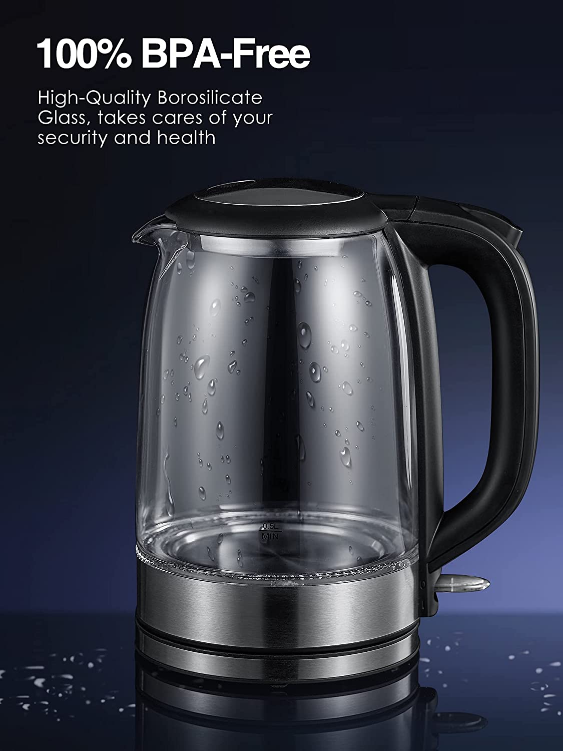 Kettle 1.7L Glass Kettle with LED Indicator Lights, Fast Boil Tea Electric Kettle with Auto Shut-Off & Boil-Dry Protection, Stainless Steel Lid & Bottom, BPA Free