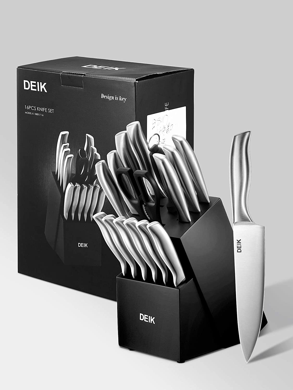Deik Knife Set, 16-Piece Kitchen Knife Set with Wood Block, Manual Sharpening for Chef Knife Set, Stainless Steel Hollow Handle Block Set