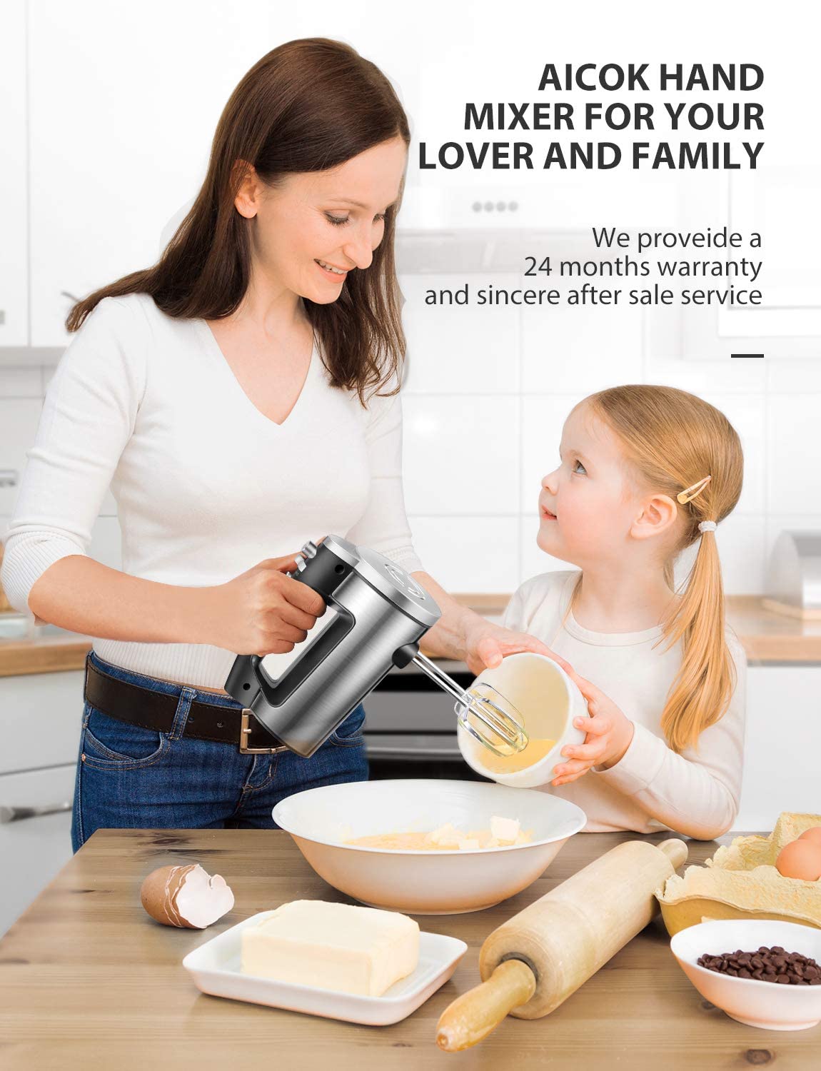 AICOK-Hand Mixer Electric 6-Speed Kitchen Handheld Mixer HM833, home baking, parent child activities