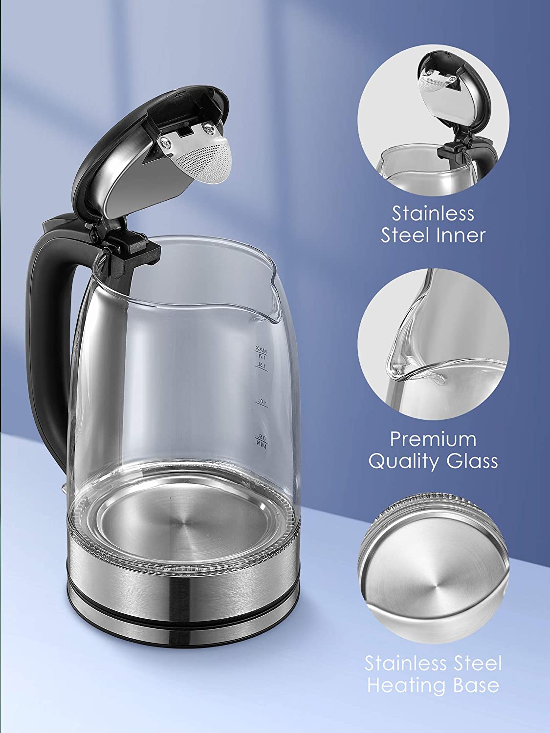 Decen | Electric Kettle, 1500W Glass Electric Tea Kettle with Speedboil Tech, 1.7L (8 Cups) Water Kettle with LED Light, Auto Shut-Off And Boil-Dry Protection, Stainless Steel Lid & Bottom