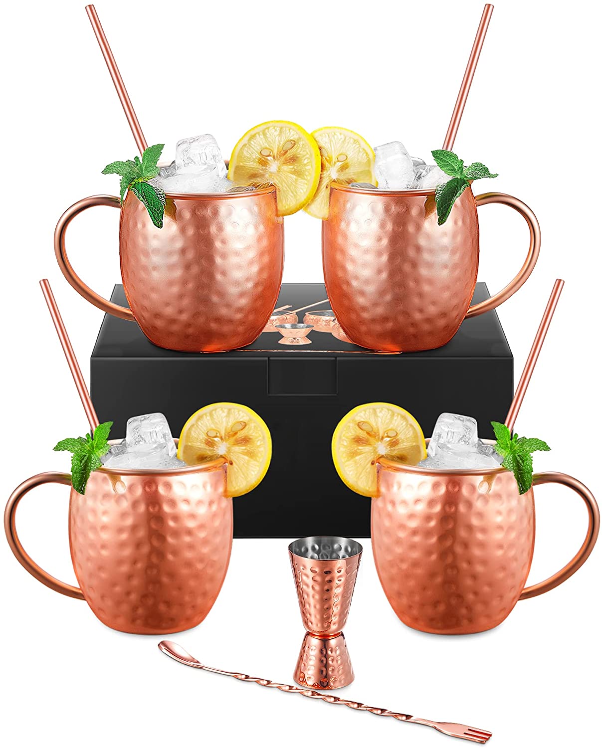 Moscow Mule Mugs, Set of 4 Hammered Moscow Mule Copper Mugs, Food Grade Stainless Steel Lining, 18 oz Gift Set Copper Mugs with 4 Straws, 1 Double-Jigger, 2-in-1 Bar Stirring Spoon Fork