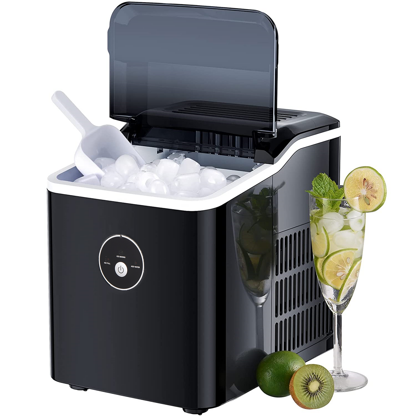 Ice Maker Countertop, 28 lbs. Ice in 24 Hrs, 9 Ice Cubes Ready in 5 Minutes, Portable Ice Maker Machine 2L with LED Display Perfect for Parties Mixed Drinks, Ice Scoop and Basket (Black)