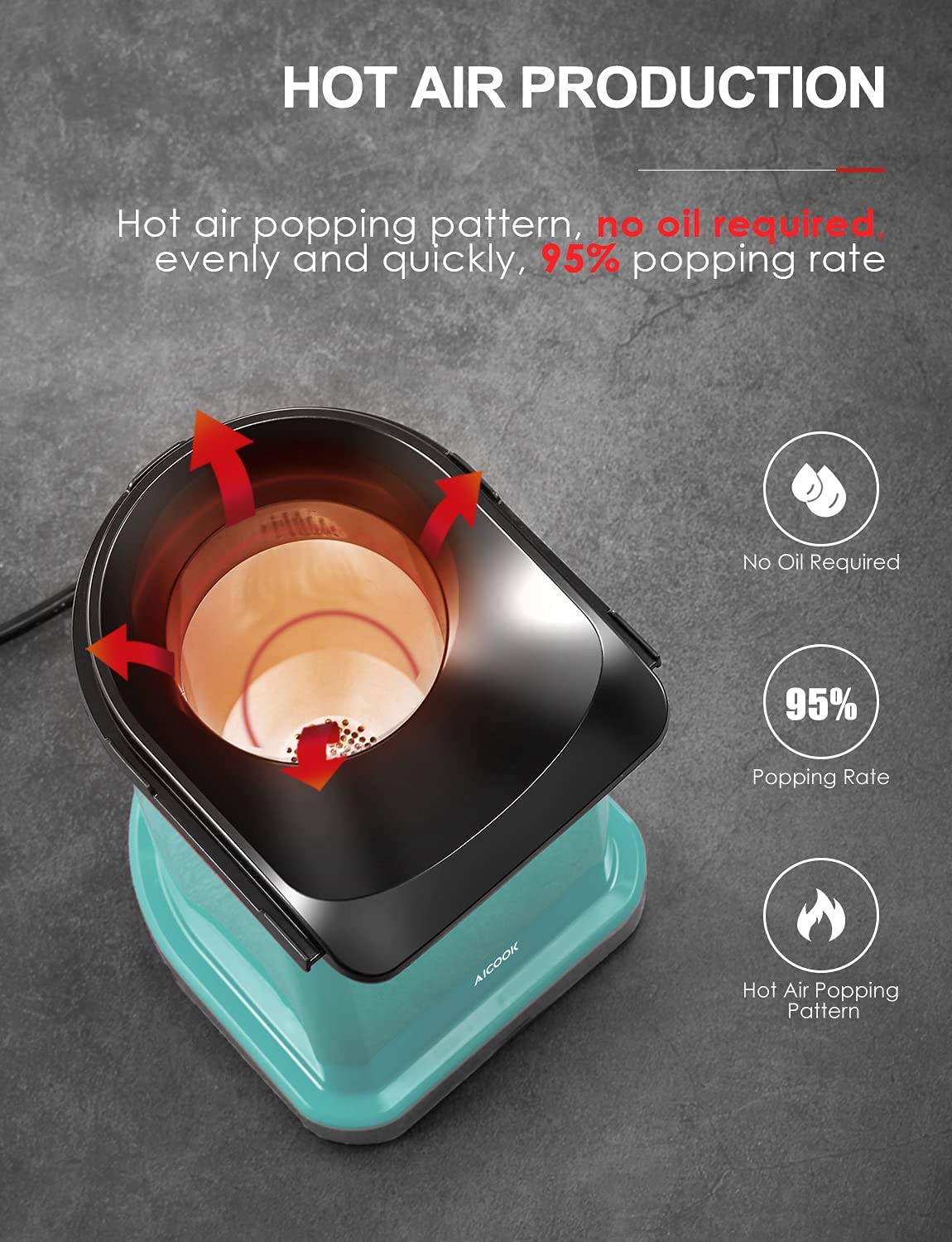 AICOOK | Hot Air Popcorn Popper, 16 Cups, 1400W, Home Popcorn Maker with Measuring Cup & Removable Lid, 3 Minutes Fast Healthy Oil-Free & BPA-Free, For Christmas, Movie Night or Party, Aqua & Red