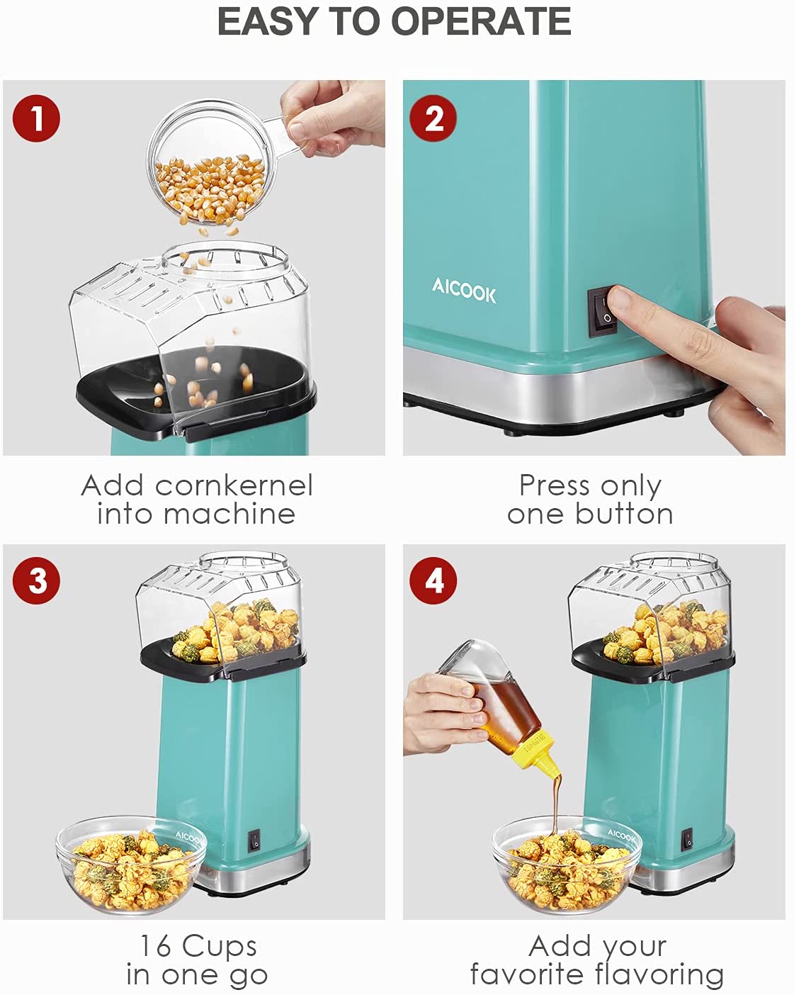 AICOOK | Hot Air Popcorn Popper, 16 Cups, 1400W, Home Popcorn Maker with Measuring Cup & Removable Lid, 3 Minutes Fast Healthy Oil-Free & BPA-Free, For Christmas, Movie Night or Party, Aqua & Red