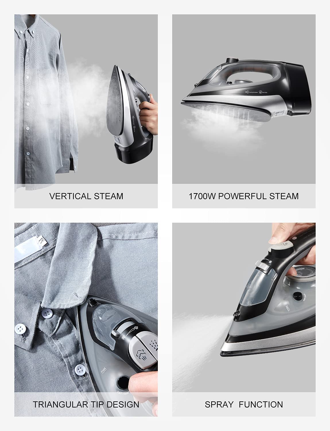 Steam Iron, 1700W Professional Iron for Clothes with Retractable Cord, Variable Temperature and Steam Control, Nonstick Soleplate, Anti Drip & Self Clean