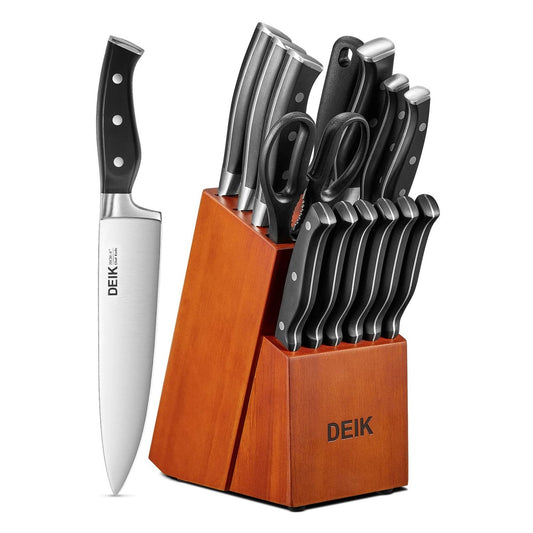 DEIK Knife Set, Upgraded Stainless Steel Kitchen Knife Set 15PCS for Anti-rusting, Super Sharp Carving Knife Set with Ergonomic Handle in Hardwood Block