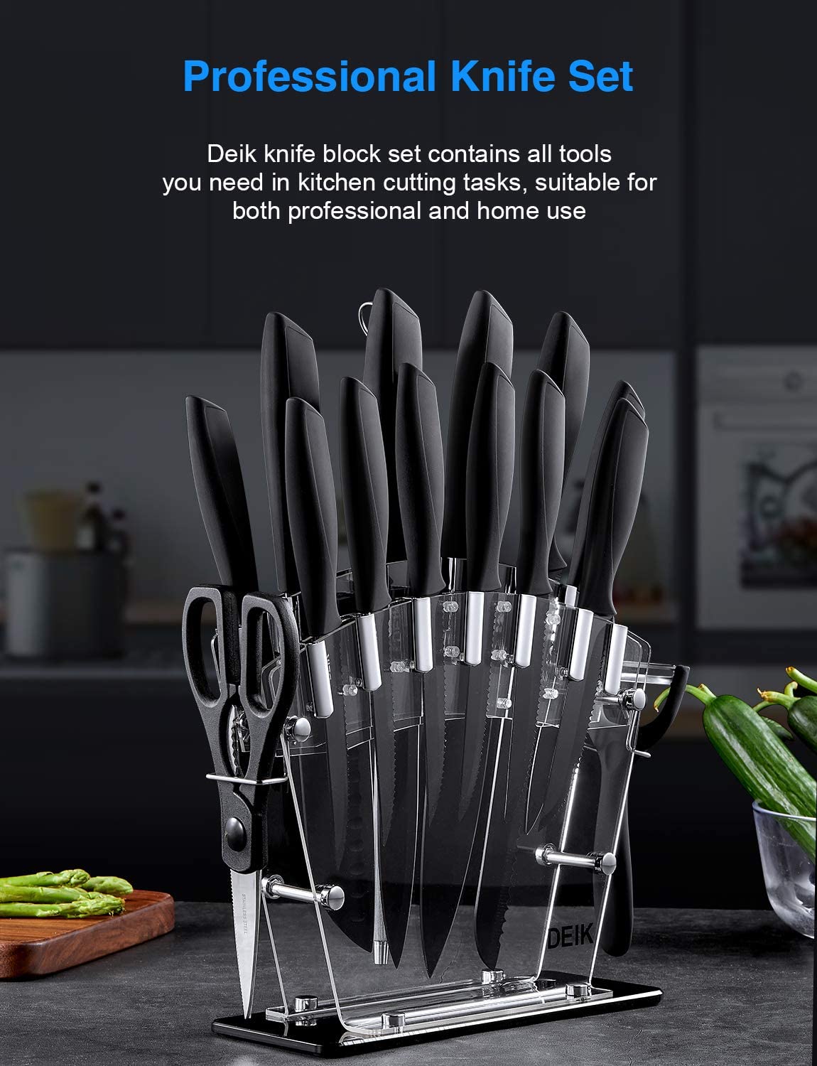 DEIK Knife Set High Carbon Stainless Steel Kitchen Knife Set 16 PCS, BO Oxidation for Anti-rusting and Sharp, Super Sharp Cutlery Knife Set with Acrylic Stand and Serrated Steak Knives with all tools you need