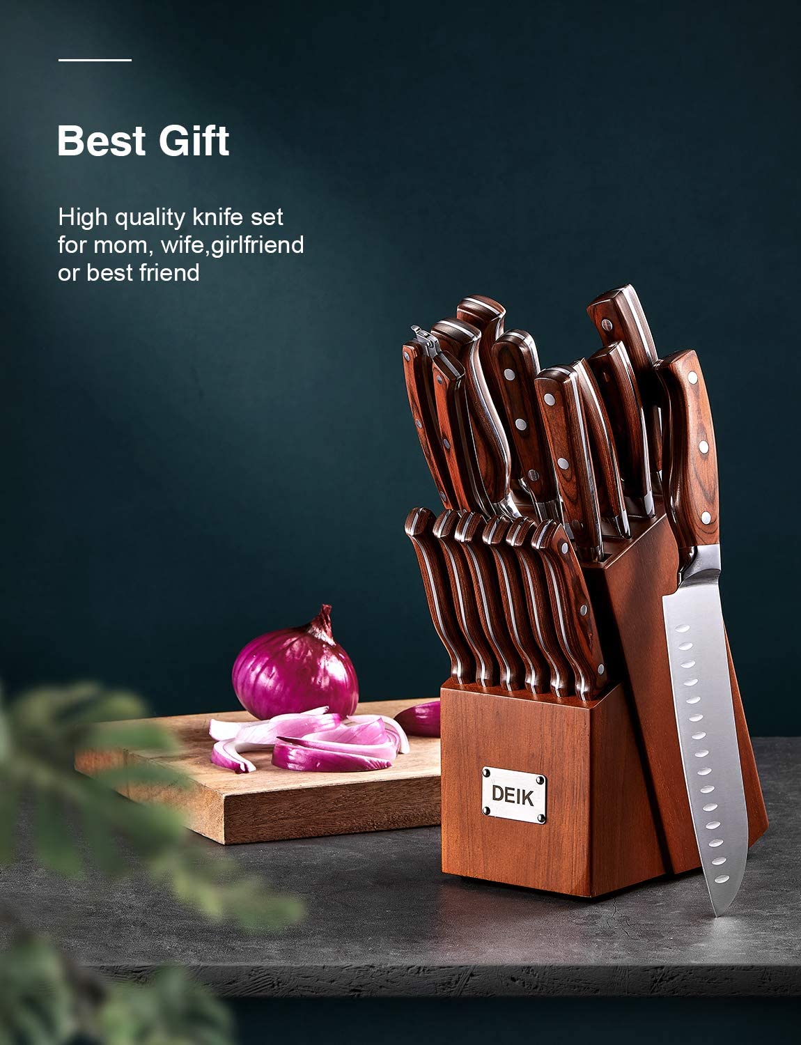 Deik | Knife Set, High Carbon Stainless Steel Kitchen Knife Set 16PCS, Super Sharp Cutlery Knife with Carving Fork and Serrated Steak Knives, Best Gift