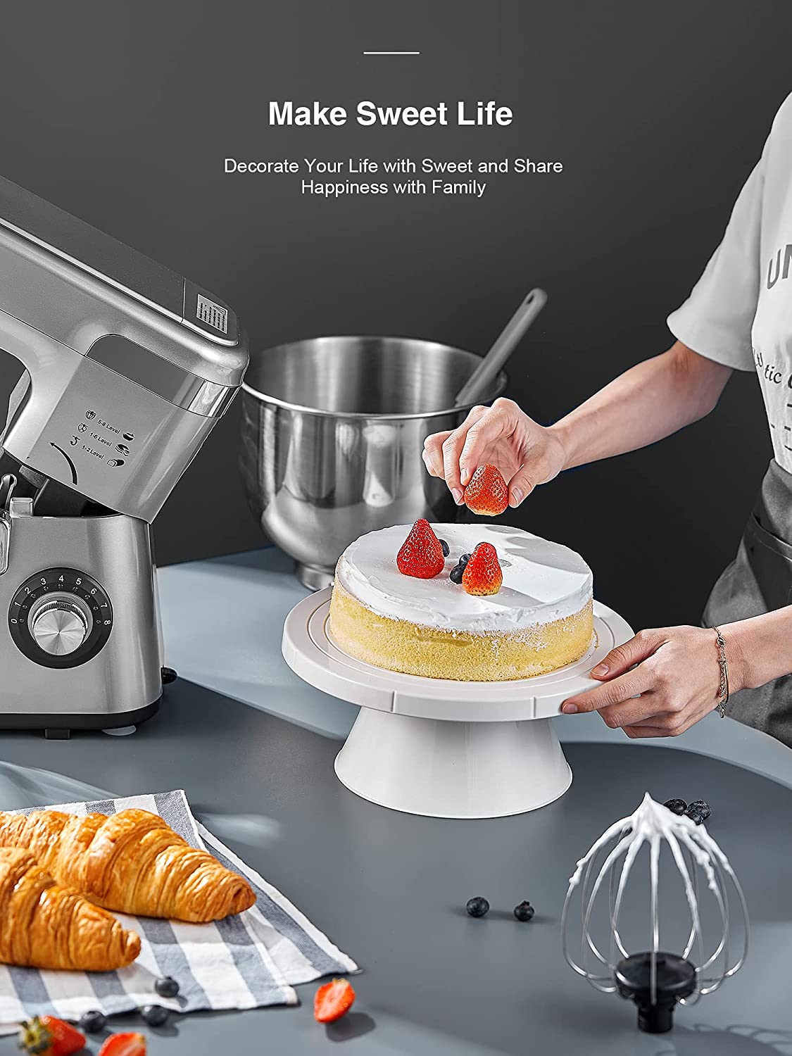 Kealive Mixer Kneader, Pastry Mixer 8 Speed Double Dough Hook with 5.5L Stainless Steel Bowl, 1200W Kneader, Whisk, Rods and Splash Guard