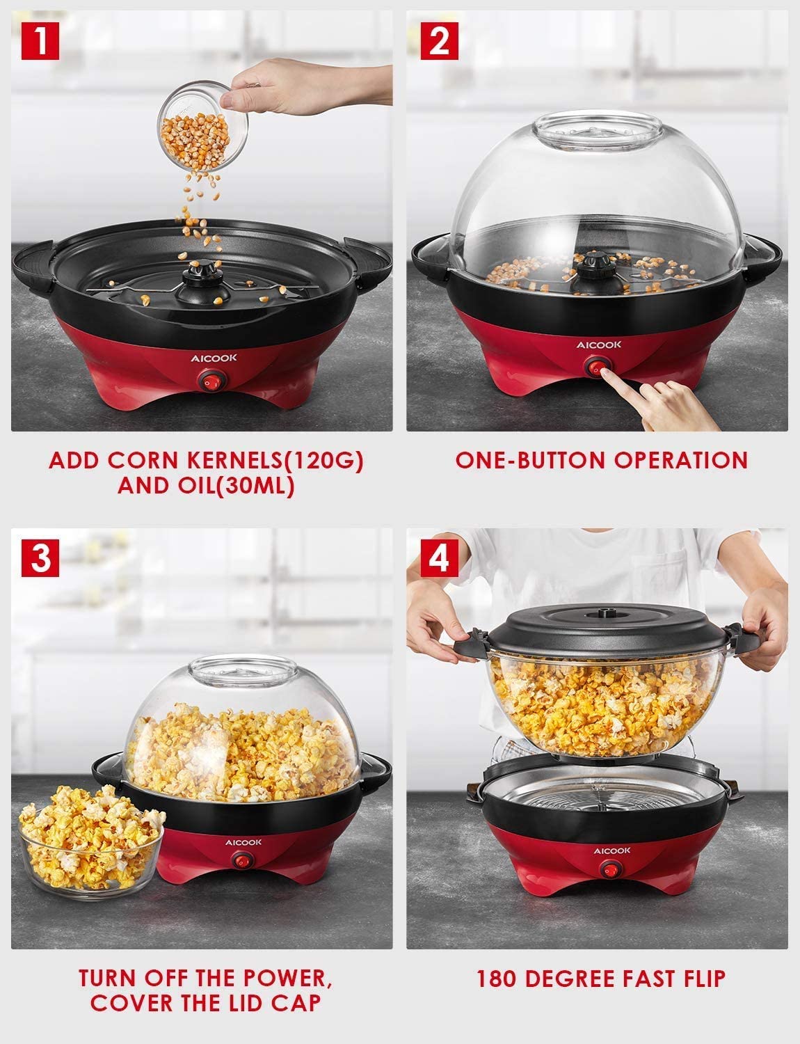 Popcorn Machine, AICOOK 6-Quart/24-Cup 800W Fast Heat-up Popcorn Popper Machine, Electric Hot Oil Butter Popcorn Maker with Stirring Rod, Nonstick Plate, Dishwasher Safe, Red