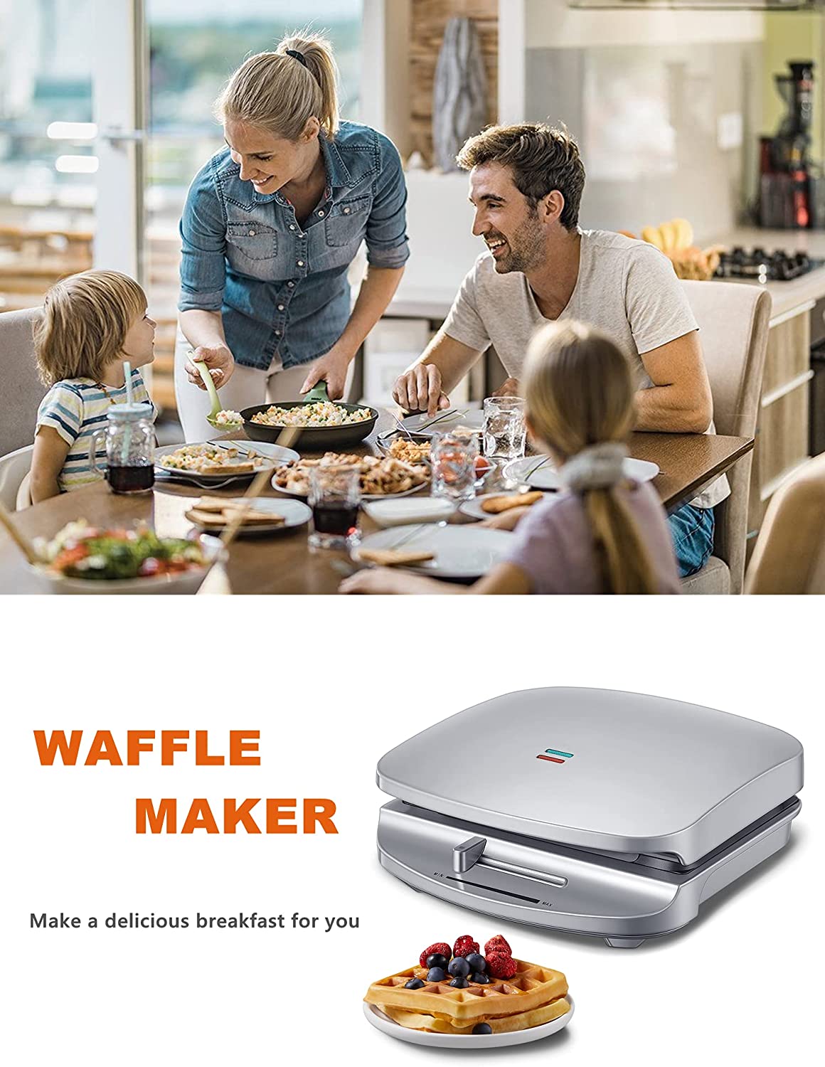 Belgian Waffle Maker, Non Stick Waffle Iron Machine with Adjustable Temperature Control, Indicator Lights, Compact Design, 1000W, 2 Slices, Silver