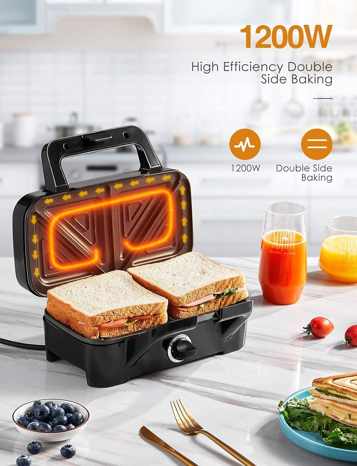 Waffle Maker 3 in 1 Sandwich Maker 1200W Panini Press With Removable Plates and 5-gear Temperature Control,Non-stick Coating Easy to Clean,Indicator Lights, Silver/Black