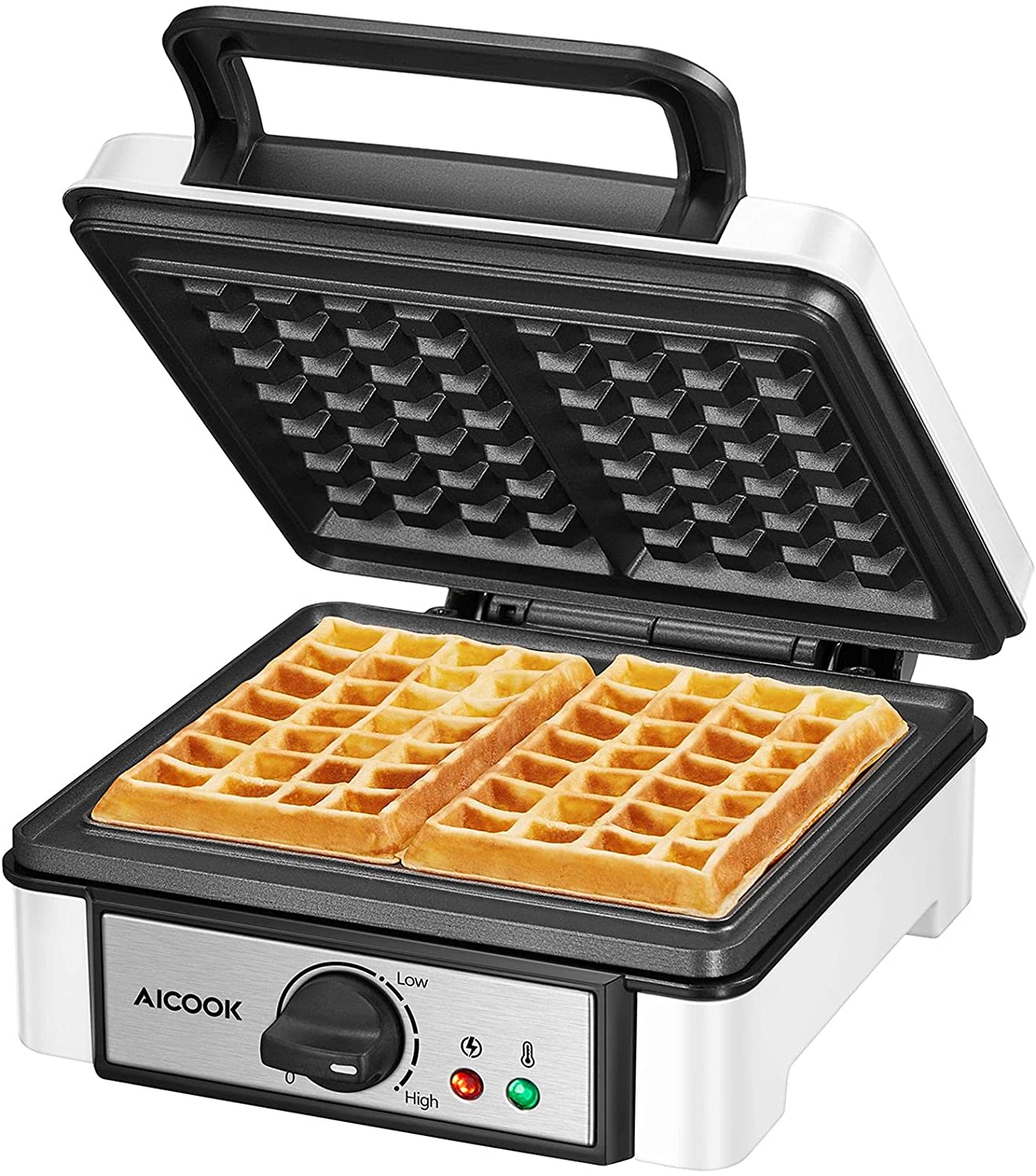 AICOOK | Waffle Maker Iron, 1200W Belgian Waffle Machine, Non-Stick Design, Browning Control, Easy to Store Compact Design, Medium, White