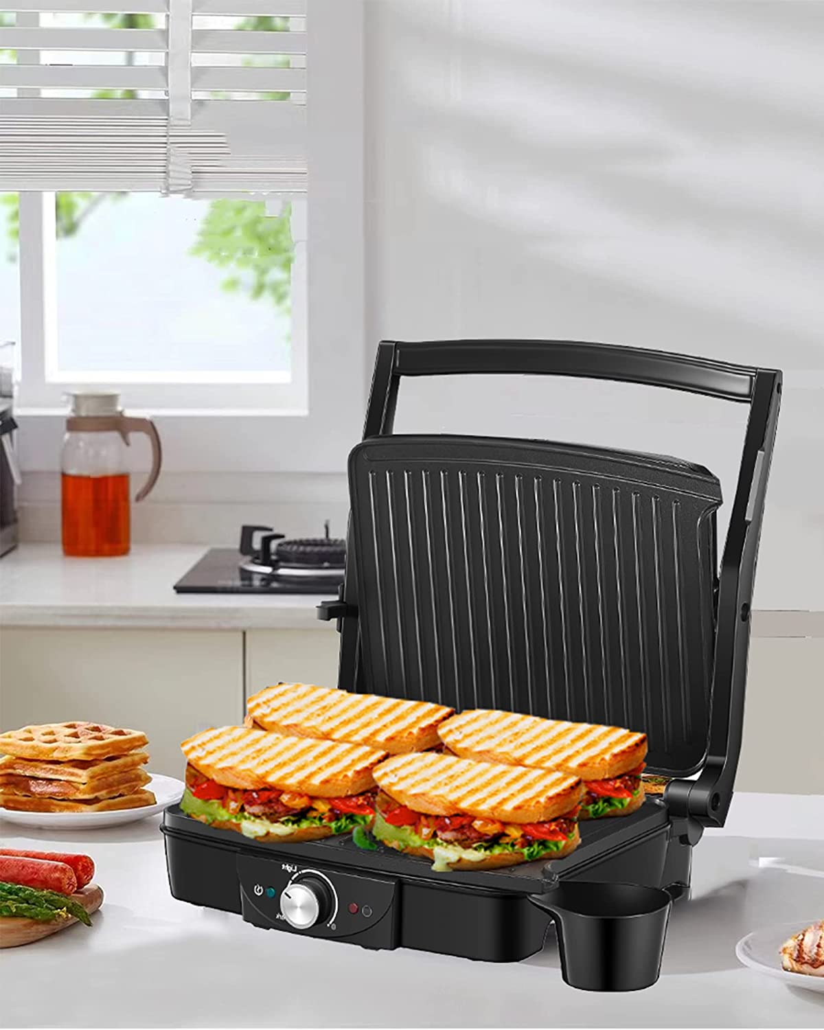 DEIK Electric Table Grill for Double-Sided 2000 W, Contact Grill 180 Degree Opening, Electric Grill for Panini, Toasts, Steak, Vegetables, Sandwich, Adjustable Temperature Controller