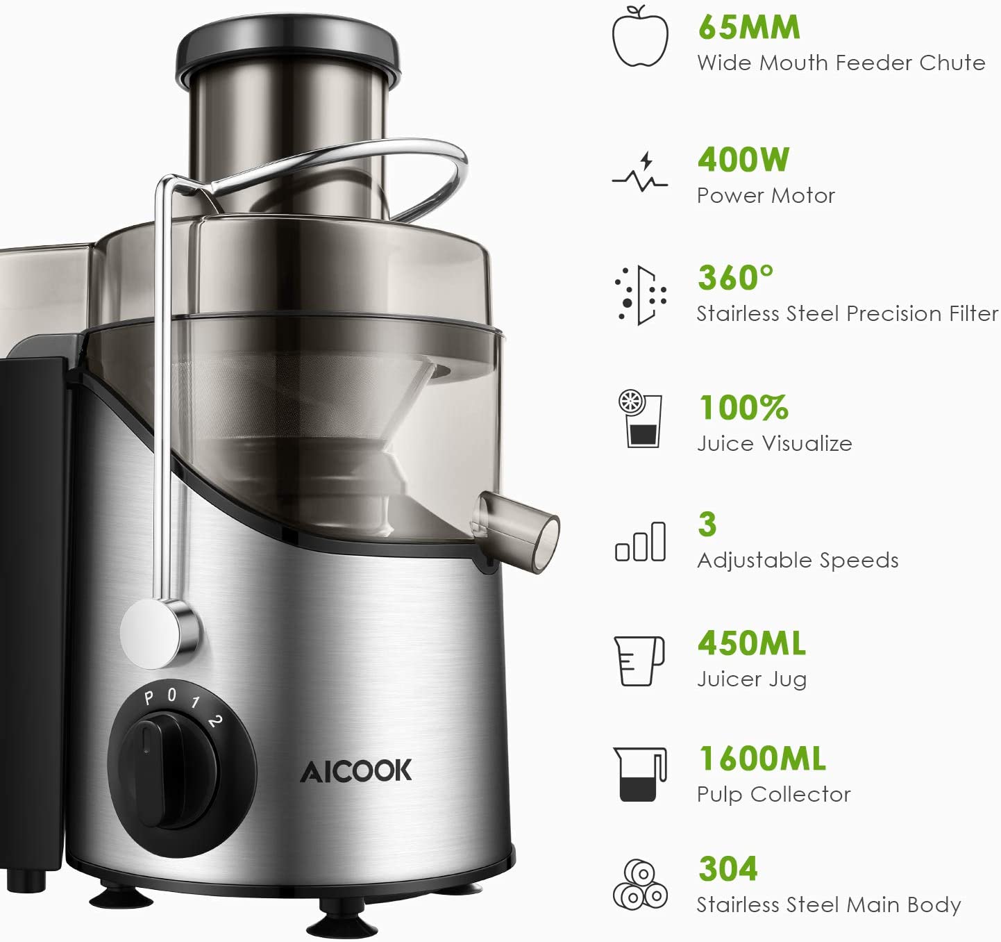 Juicer, Juice Extractor, Aicook Juicer Machine with 3'' Wide Mouth, 3 Speed Centrifugal Juicer for Fruits and Vegs, with Non-Slip Feet, BPA-Free
