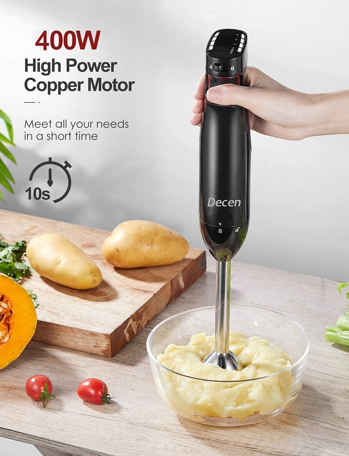 Immersion Blender 400W Multi-Purpose Hand Blender with Stepless Speed Setting, LED Indicator and Stainless Steel Blades, Ergonomic Handle, for Smoothies, Sauces, Soup, Milk shake BPA-Free/Black