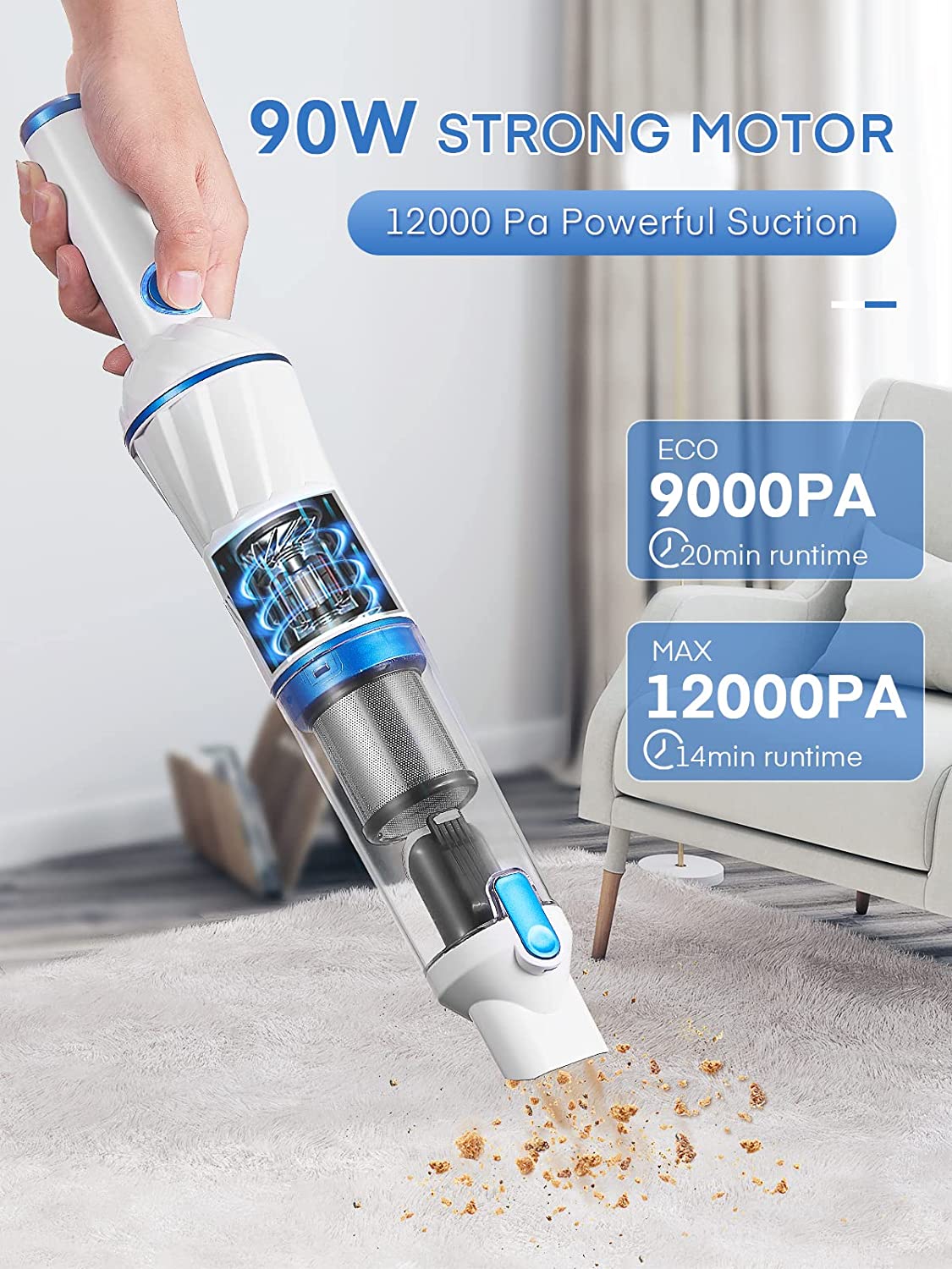 AUYOU-Battery Handheld Vacuum Cleaner, 12KPa Handheld Vacuum Cleaner, Bagless, Washable HEPA Filter, 20 Mins Running Time with Charging Station, Lightweight Car Vacuum Cleaner for Car, Kitchen, Office, Home, White, 28 x 7 x 7 cm
