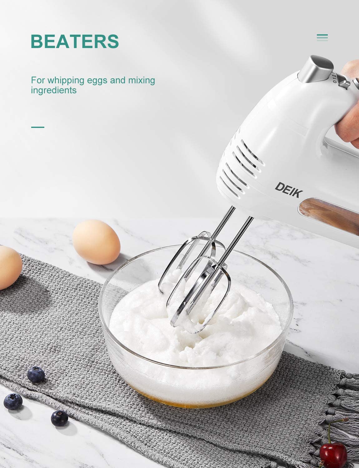 Deik Electric Hand Mixer,6-Speed 250W Hand Mixer Electric – Hand Held Mixer Includes 2 Stainless Steel Beaters and 2 Dough Hooks, Turbo Button, One Button Eject Design, White