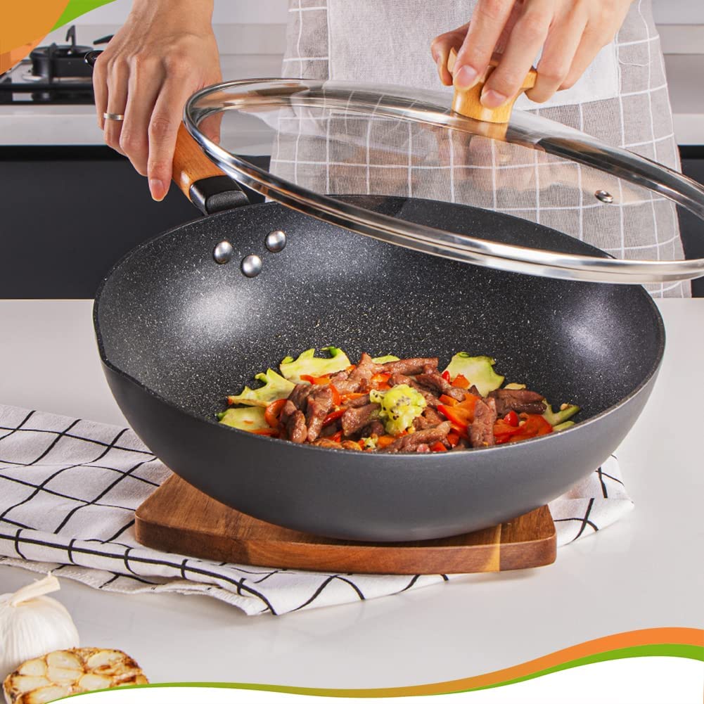 Wok Stir Fry Pan with Lid, Nonstick Woks Pan 12 Inch, 100% PFOA-Free  Coating, Non Stick Cooking Frying Pans with Detachable Wooden Handle,  Induction