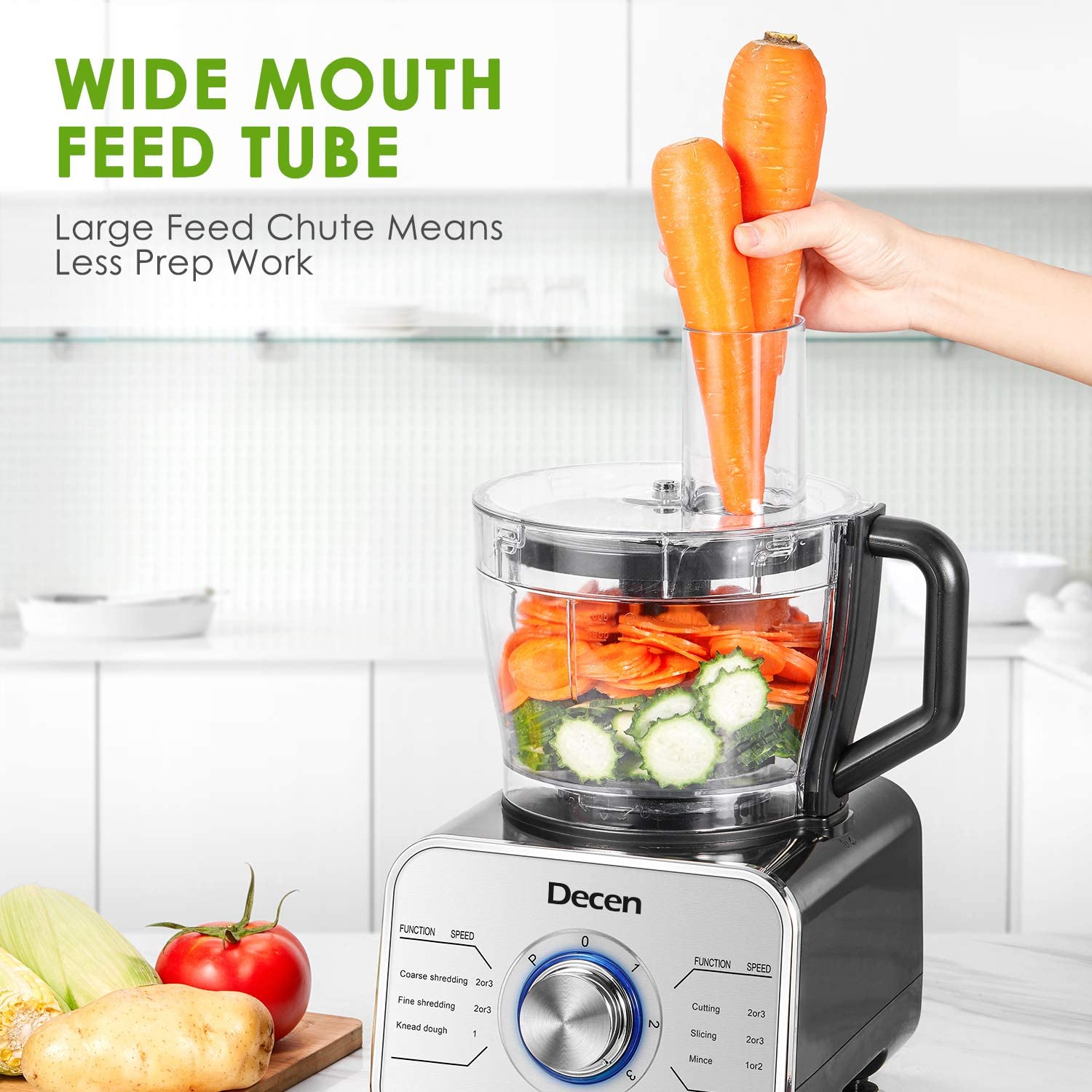 Decen | 12 Cup Food Processor, Variable Speed Food Processor with Dough Blade, Professional Chopper With 600W Powerful Motor, BPA Free, Silve