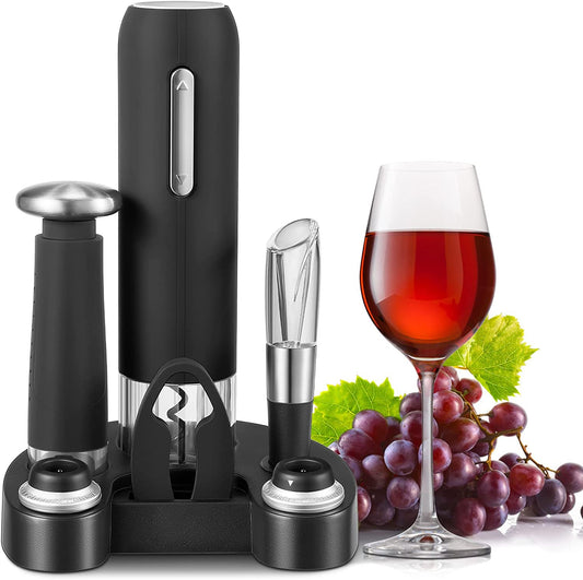 Electric Corkscrew, 6 in 1 Professional Electric Wine Opener, with Cork Vacuum Sealer, 2 Stoppers, Foil Cutter, Wine Aerator, Charging Base and Adapter
