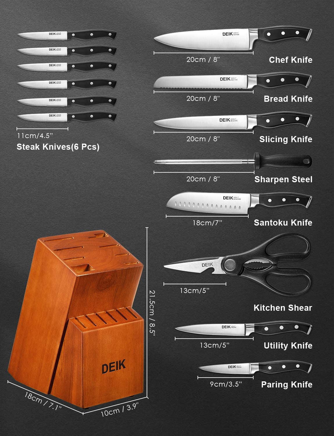 Deik | Knife Set, Upgraded Stainless Steel Kitchen Knife Set 15PCS for Anti-rusting, Super Sharp Carving Knife Set with Ergonomic Handle in Hardwood Block