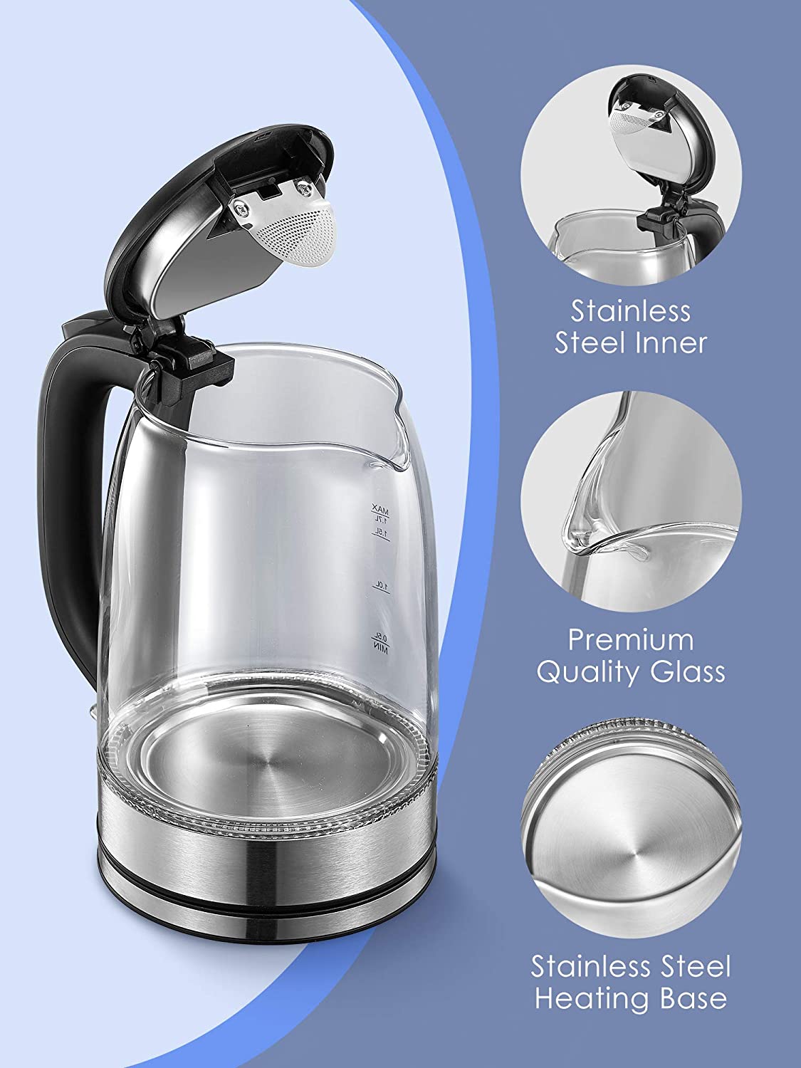 Kettle 1.7L Glass Kettle with LED Indicator Lights, Fast Boil Tea Electric Kettle with Auto Shut-Off & Boil-Dry Protection, Stainless Steel Lid & Bottom, BPA Free