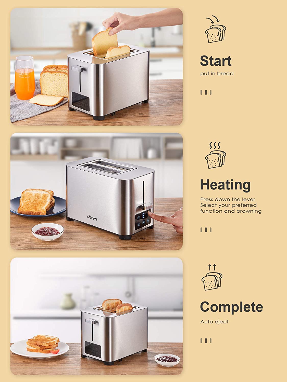 Toaster 2 Slice, Stainless Steel Toaster with Touch LCD Display (6 Toasting  Settings), 2 Extra-Wide Slots, Bagel, Cancel, Defrost, and Reheat Function,  Slide Out Crumb Tray, Silver – AICOOK