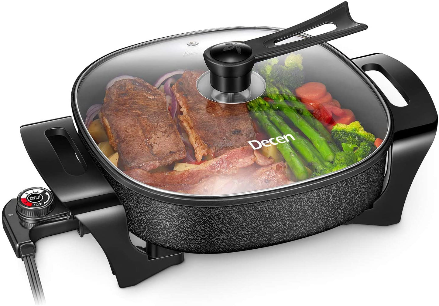 DECEN | Electric Skillet Non Stick Electric Frying Pan with Standing Tempered Glass Lid, Family Sized 6 Quart, 3 Inch depth, Heat Resistant Handles, 1360W, 12” x 12” x 3”
