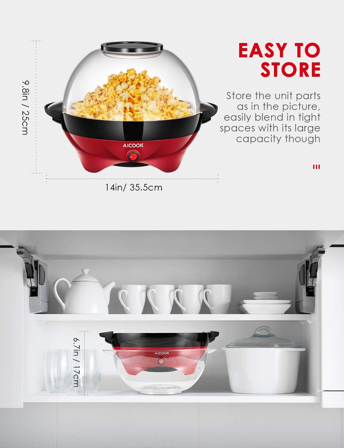 Popcorn Machine, AICOOK 6-Quart/24-Cup 800W Fast Heat-up Popcorn Popper Machine, Electric Hot Oil Butter Popcorn Maker with Stirring Rod, Nonstick Plate, Dishwasher Safe, Easy To Store, Red
