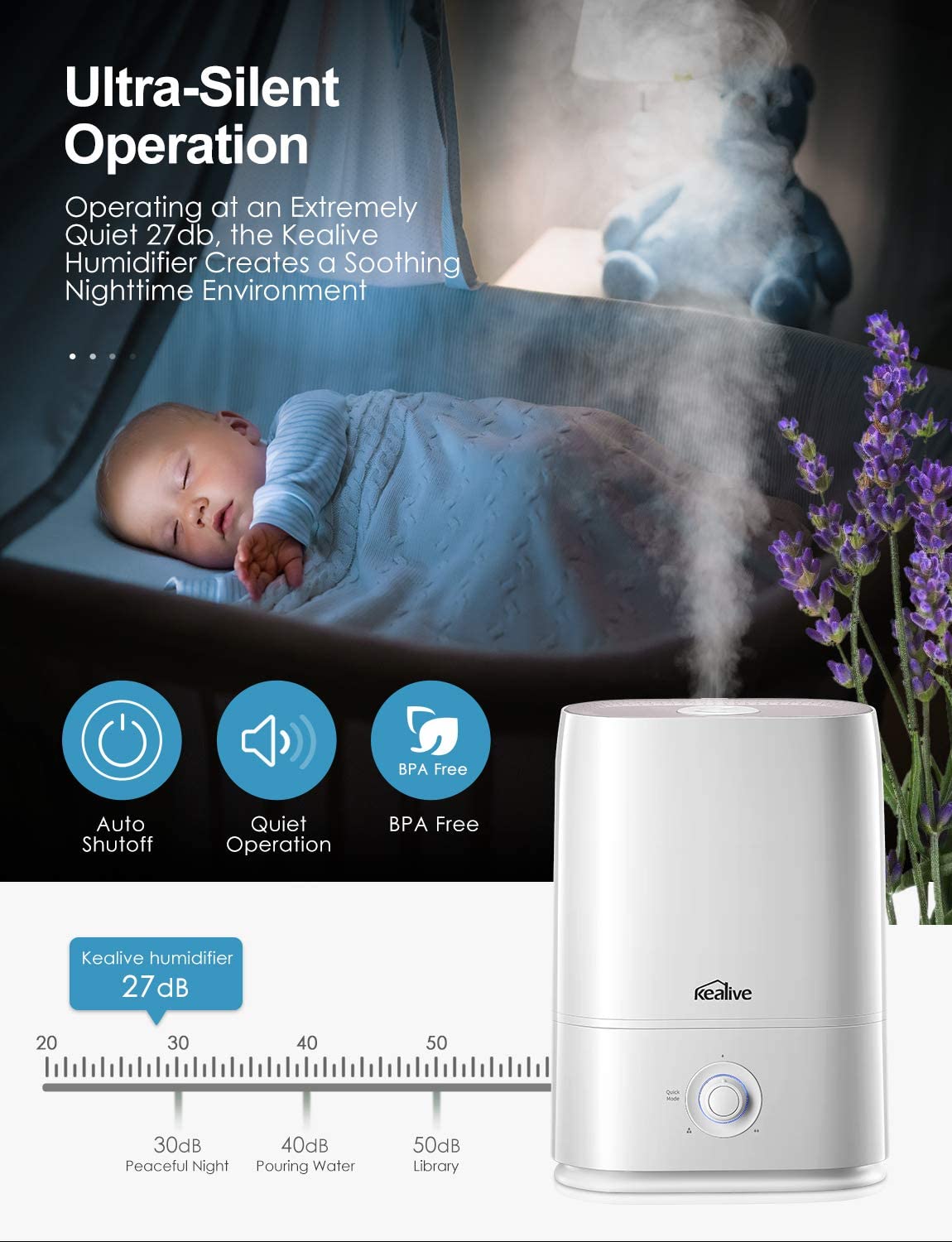 Kealive -Smart Cool Mist Humidifier, 5L/1.3 Gal with Essential Oils Diffuser HU-C3 