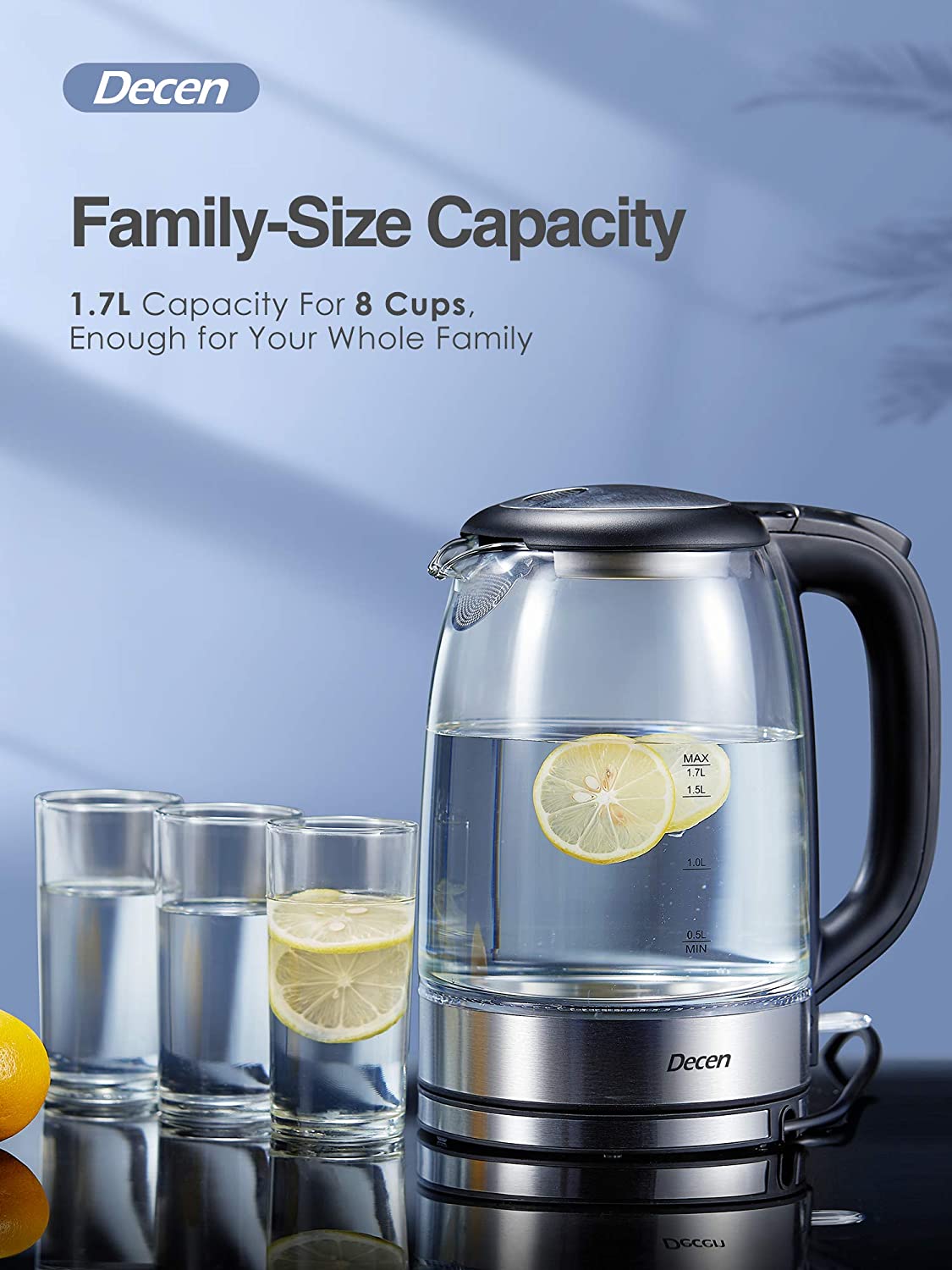 Decen | Electric Kettle, 1500W Glass Electric Tea Kettle with Speedboil Tech, 1.7L (8 Cups) Water Kettle with LED Light, Auto Shut-Off And Boil-Dry Protection, Stainless Steel Lid & Bottom, Family Size Capacity