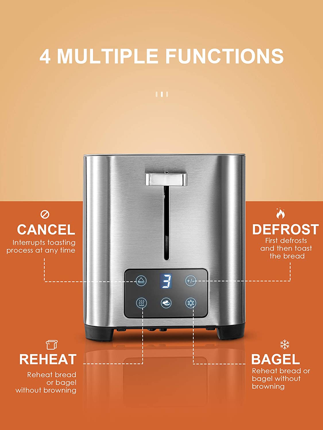 Toaster 2 Slice, DECEN Stainless Steel Toaster with Touch LCD Display (6 Toasting Settings), 2 Extra-Wide Slots, Bagel, Cancel, Defrost, and Reheat Function, Slide Out Crumb Tray, Silver