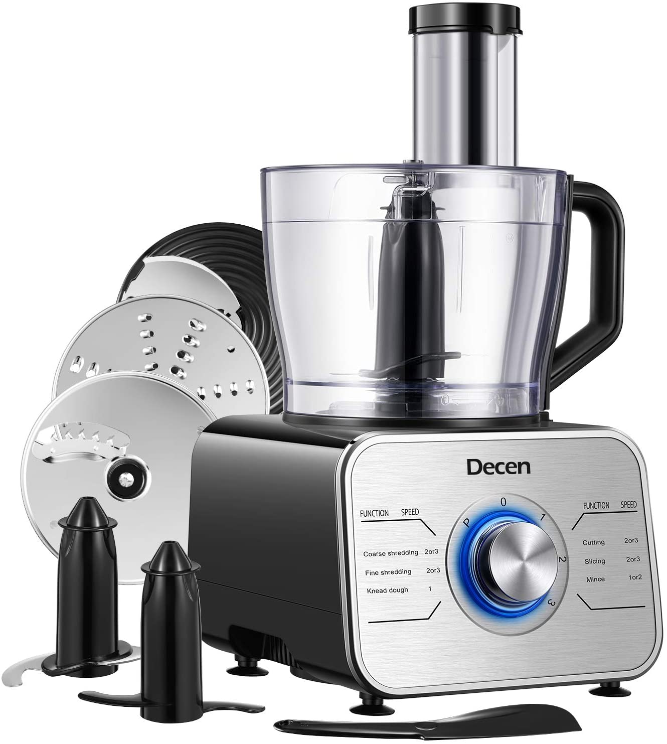 Decen | 12 Cup Food Processor, Variable Speed Food Processor with Dough Blade, Professional Chopper With 600W Powerful Motor, BPA Free, Silve