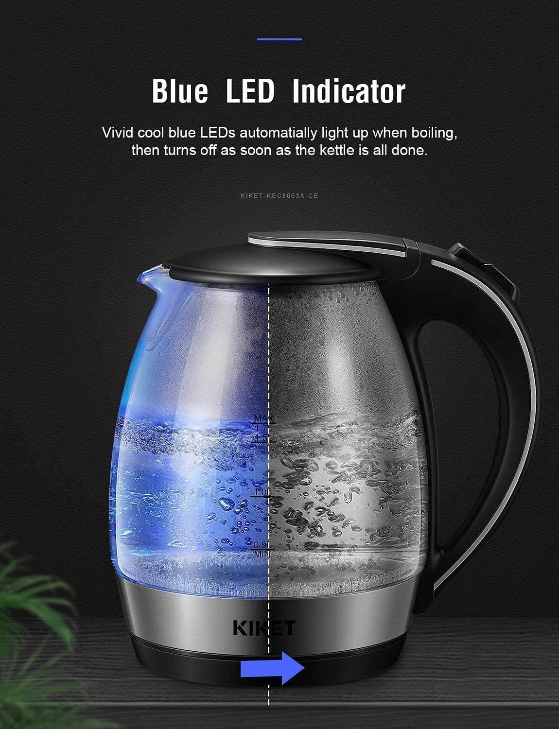 Kettle Glass with Blue LED Lighting, 360 Degrees, Limescale Filter, BPA Free (Bisphenol-A Free), Quick Cook Function and Dry Running Protection, Glass Kettle, 1.7 Litres, 2200 Watts