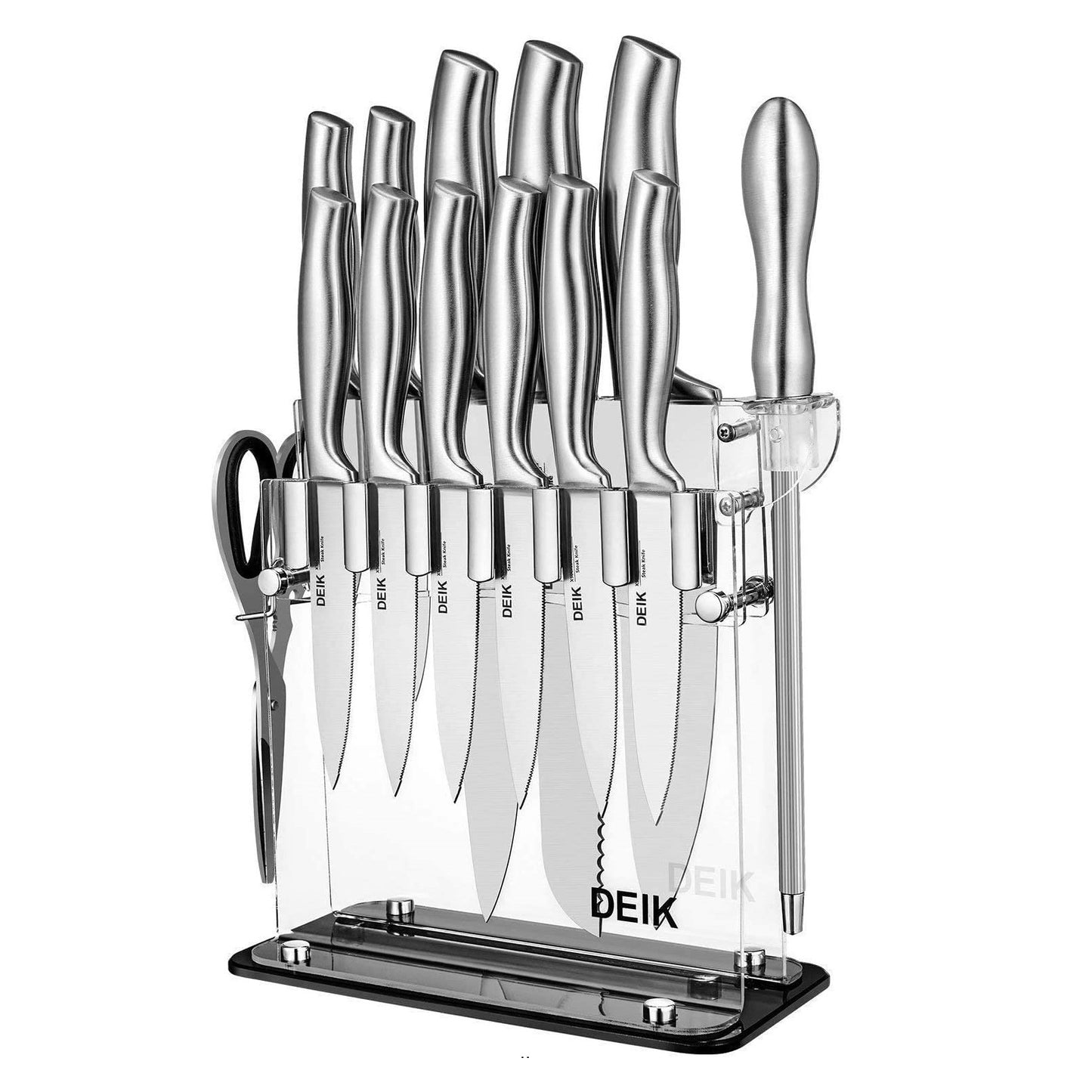 DEIK Knife Set High Carbon Stainless Steel Kitchen Knife Set 14 PCS&17PCS, Super Sharp Cutlery Knife Set with Acrylic Stand, Silver