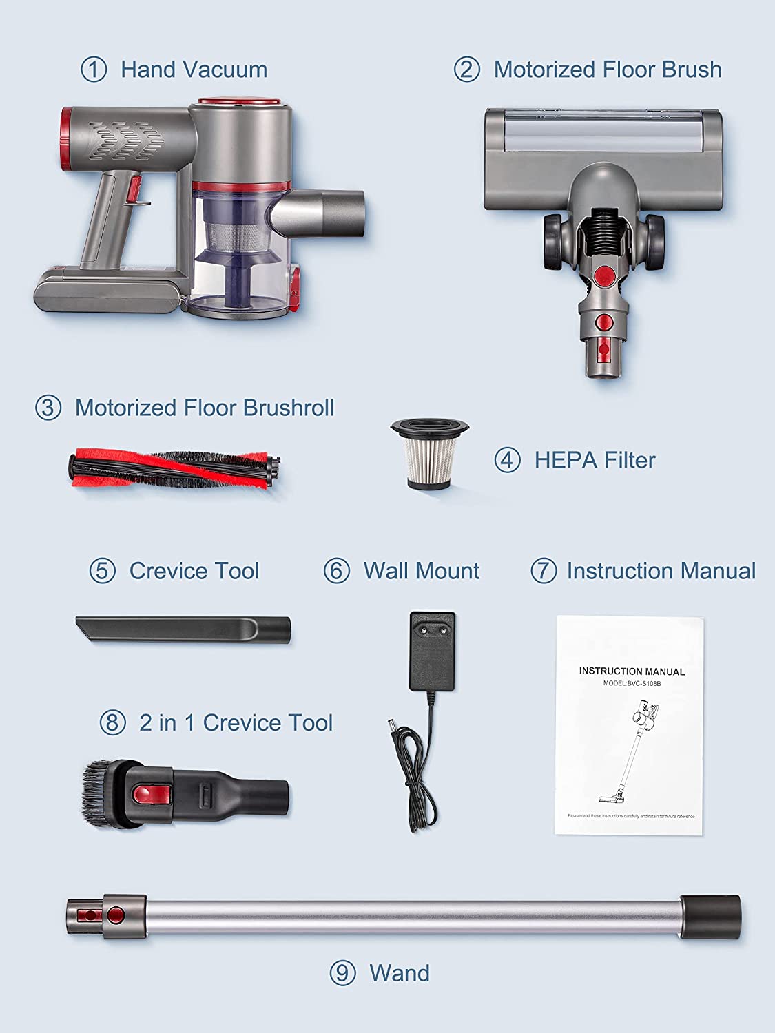 Kealive Battery Vacuum Cleaner, Cordless Vacuum Cleaner with 22000 Pa Strong Suction Power, 6 in 1 Vacuum Cleaner, Cordless Vacuum Cleaner, 40 Minutes Running Time, 2 Adjustable Suction Levels for Carpets, Wooden Floors, Pet Hair, Carpets