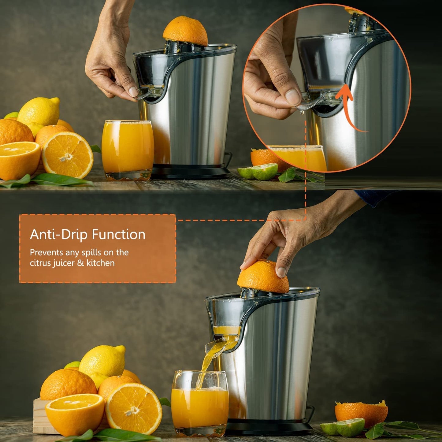 AICOK-Electric Citrus Juicer, Orange Juicer Electric with Quiet Motor, Anti-Drip Spout and 2 Cones for Orange, Lemon, Grapefruit, Dishwasher Safe, Easy to Clean, Stainless Steel