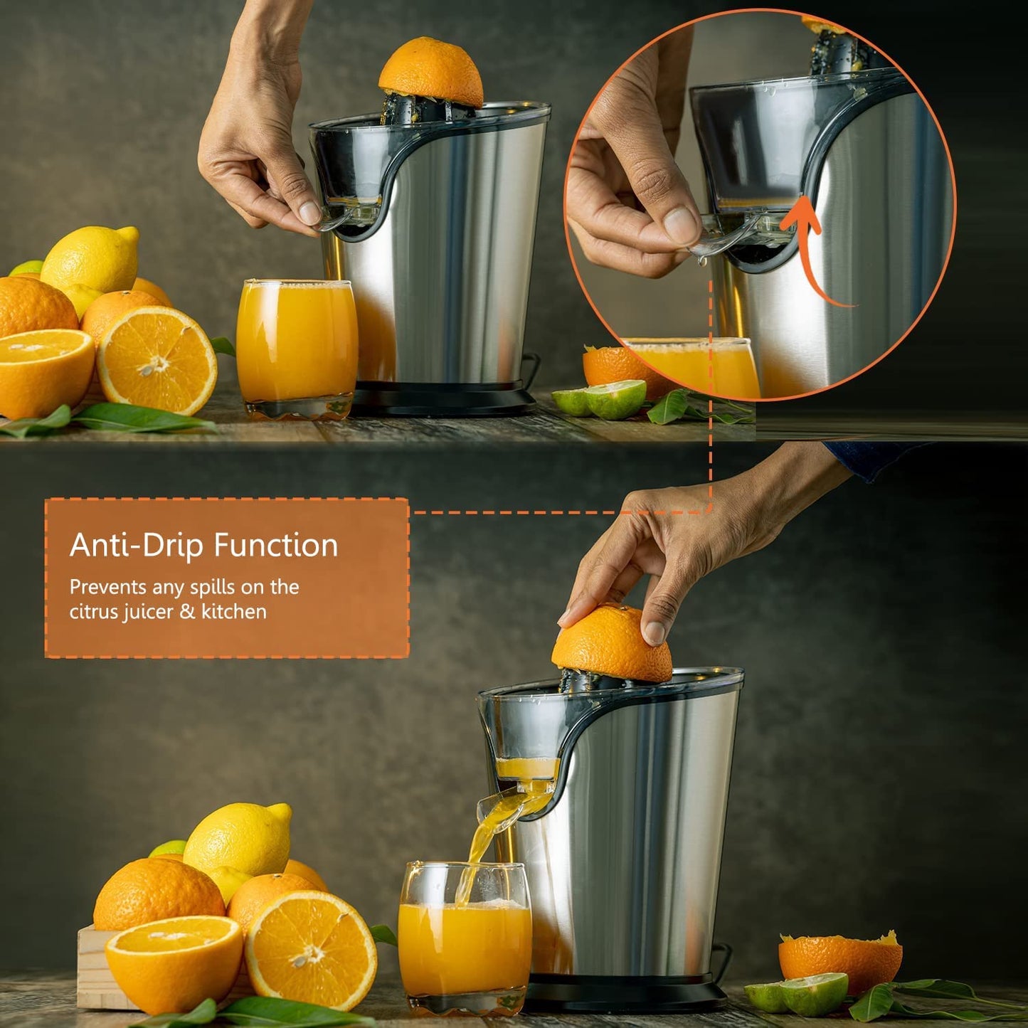 Electric Citrus Juicer, Orange Juicer Electric with Quiet Motor, Anti-Drip Spout and 2 Cones for Orange, Lemon, Grapefruit, Dishwasher Safe, Easy to Clean, Stainless Steel, AICOK-GS-401