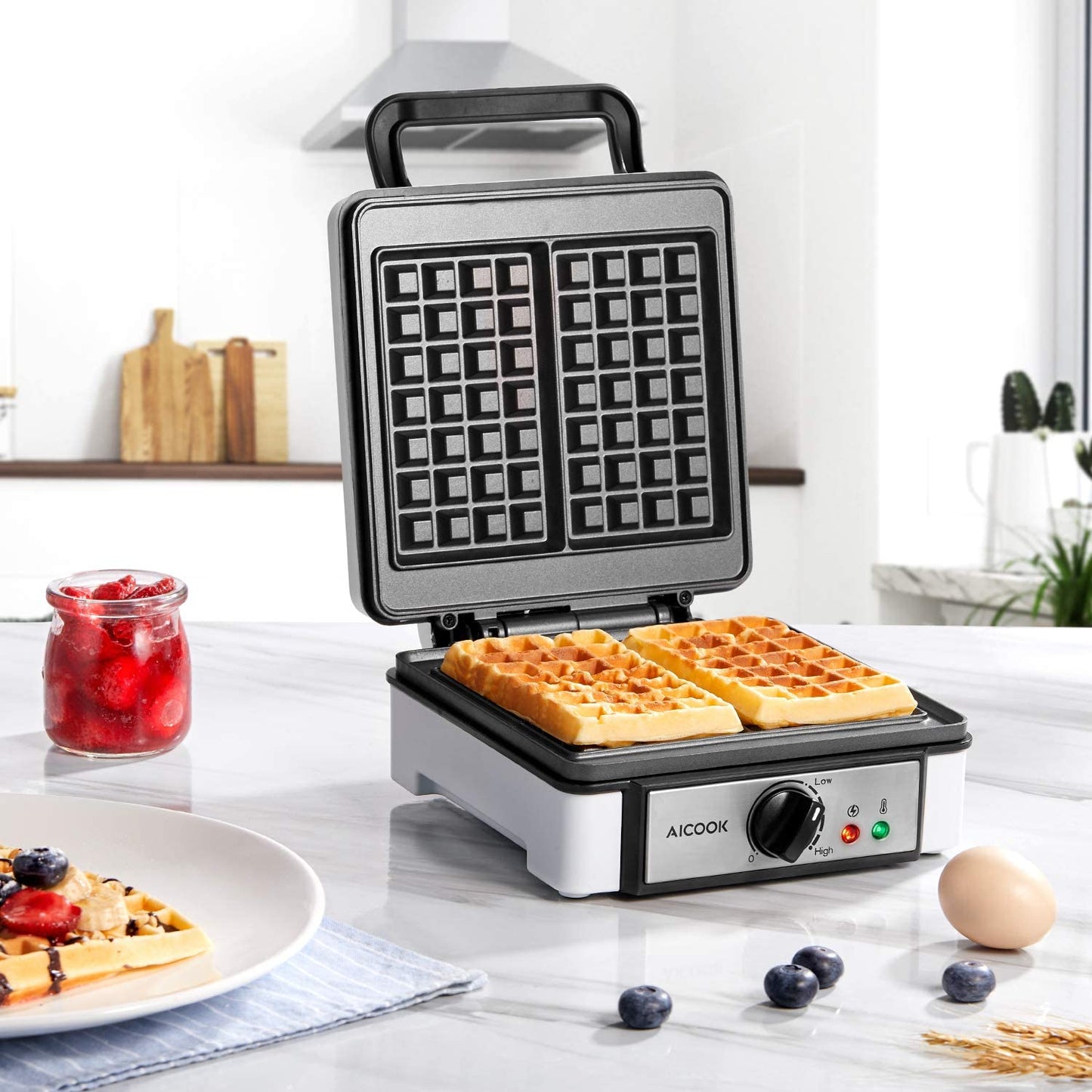 AICOOK | Waffle Maker Iron, 1200W Belgian Waffle Machine, Non-Stick Design, Browning Control, Easy to Store Compact Design, Beautiful Gift for Wedding, Party, House-moving, Birthday, Medium, White