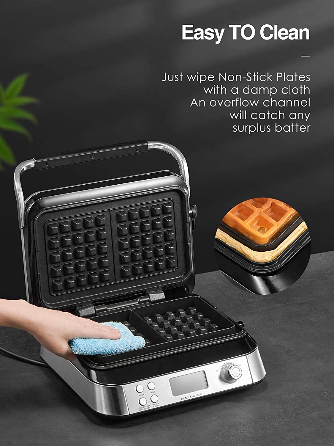 AICOOK | Smart Pro Waffle Iron with LCD Display, 5 Different Programs, 7 Browning Levels, Stainless Steel Easy Clean, Recipe, Silver